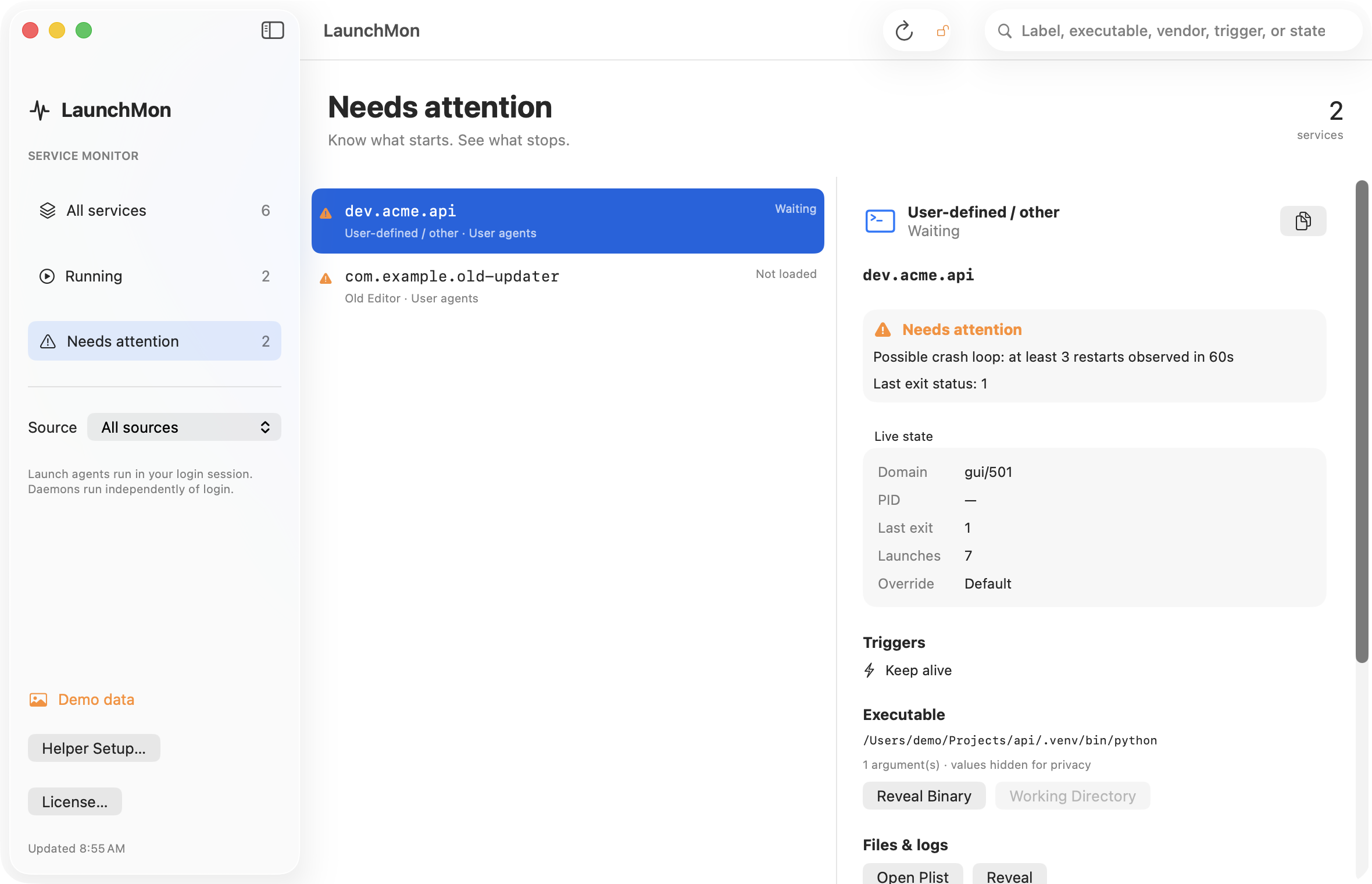LaunchMon highlights an API service that is repeatedly restarting.