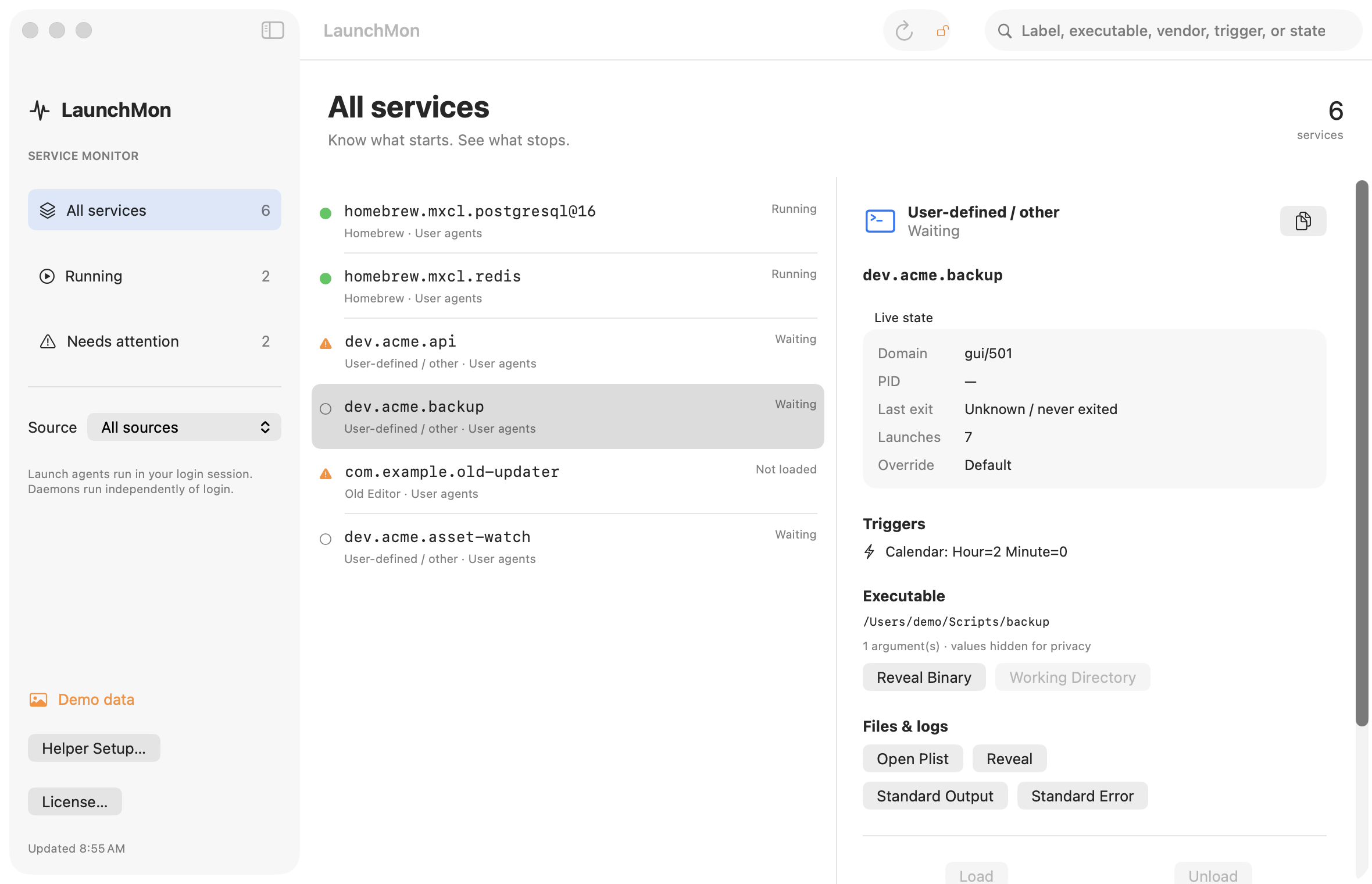 Check the calendar dictionary, loaded state, executable permissions, and logs. launchd jobs do not inherit your interactive shell environment.